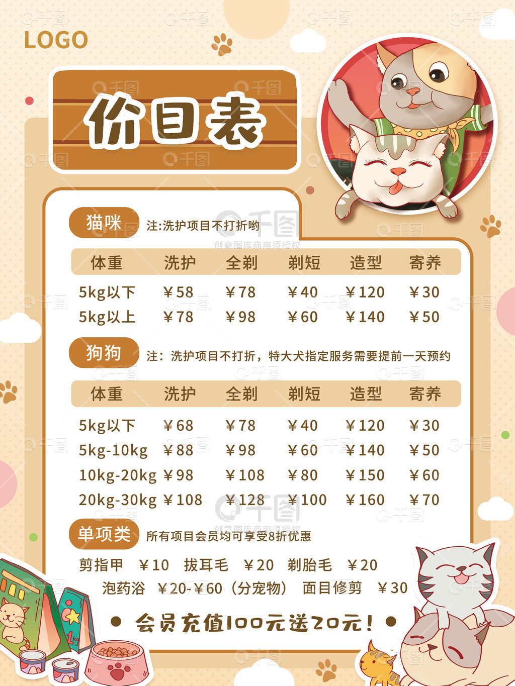 寵物美容洗護(hù)護(hù)理服務(wù)價(jià)目表